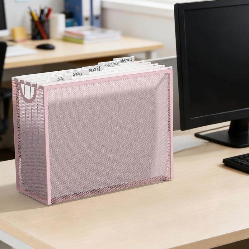 Sinboun Hanging File Organizer Letter-Size File Holder Filing Box Includes 5 Hanging Folders - Metal Mesh Magazine Letter Storage Cabinets File Cart for Office Home School, No Assembly Required Pink - Image 3